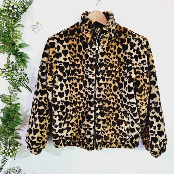 Reversible Faux Fur Leopard Print Jacket With Zip Closure & Pockets Size M《911》J - Picture 1 of 7